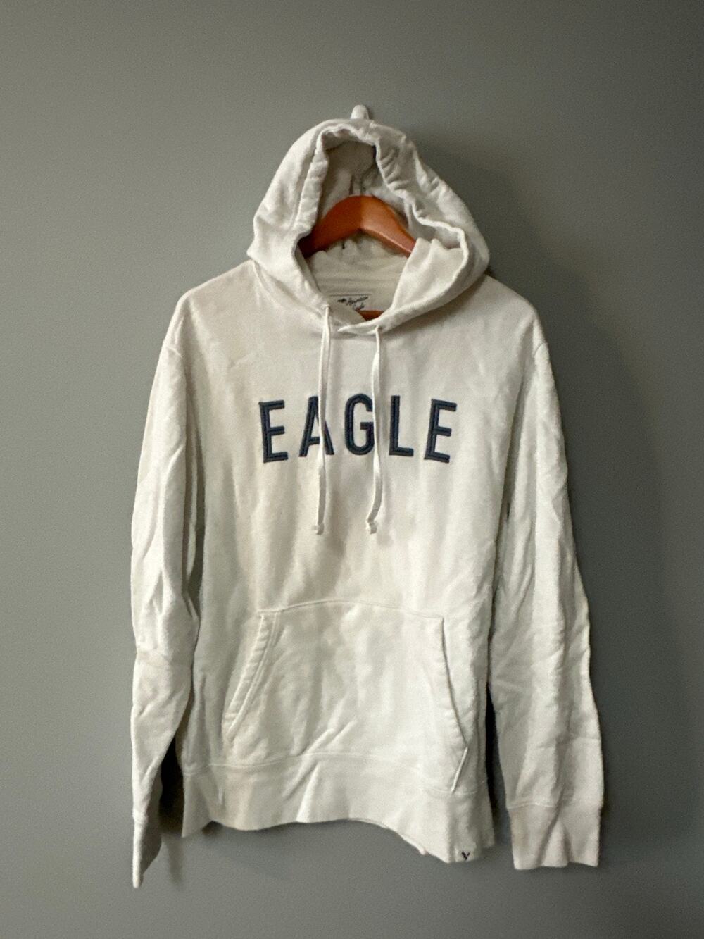 American Eagle Eagle Logo Hoodie White Pullover Sweatshirt Men Large Y2K